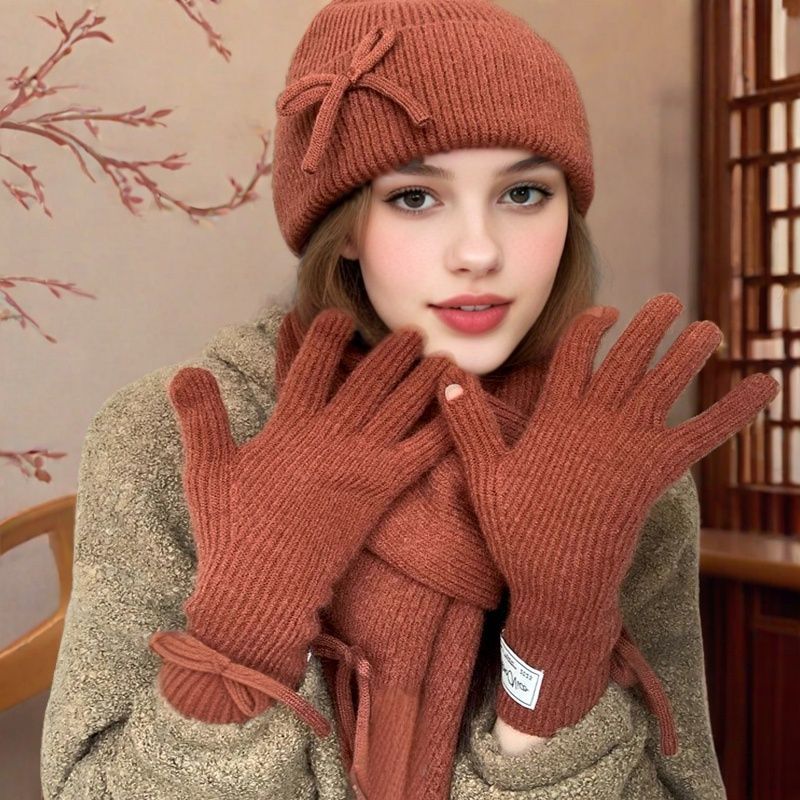 Picture of 25 Years New Korean Woolen Hat Pure Color Scarf Gloves Hat Winter Warm and Cold-Proof Knitted Three-Piece Suit