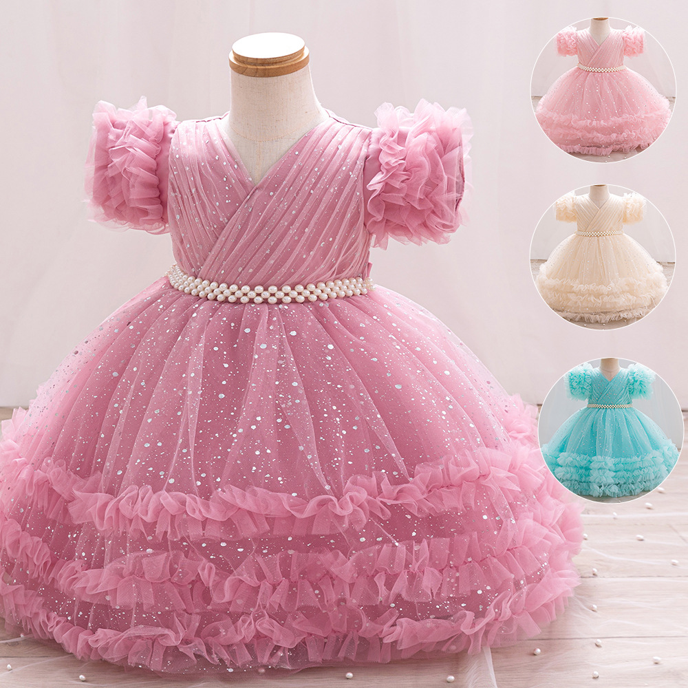 Girl's Princess Dress Fungus Lace Sleeve Beaded Star Print Tutu Dress Flower Girl Baby's Birthday Princess Dress