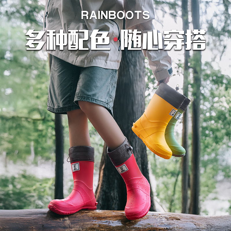 Drawstring foldable waterproof shoes, outdoor rain boots, sea trekking, soft soles, non-slip couple's red wear-resistant children's rain boots