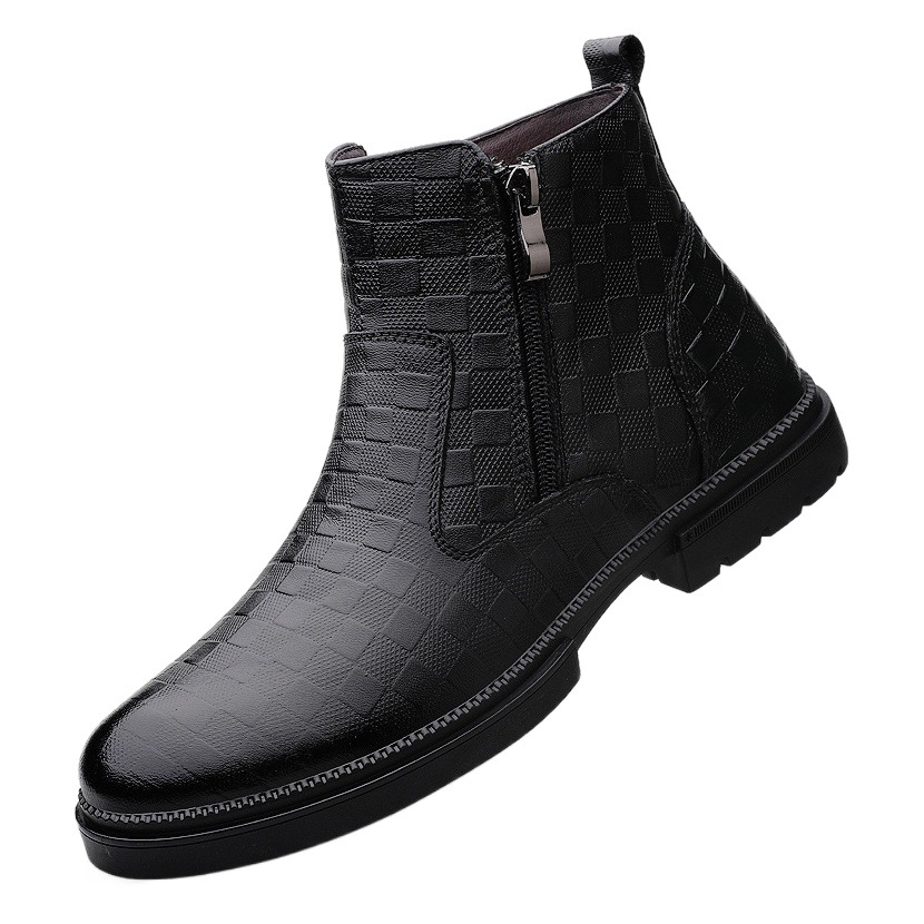 9202 men's shoes fashion leather boots casual short boots autumn and winter high-top leather side zipper sleeve plaid cowhide cotton boots