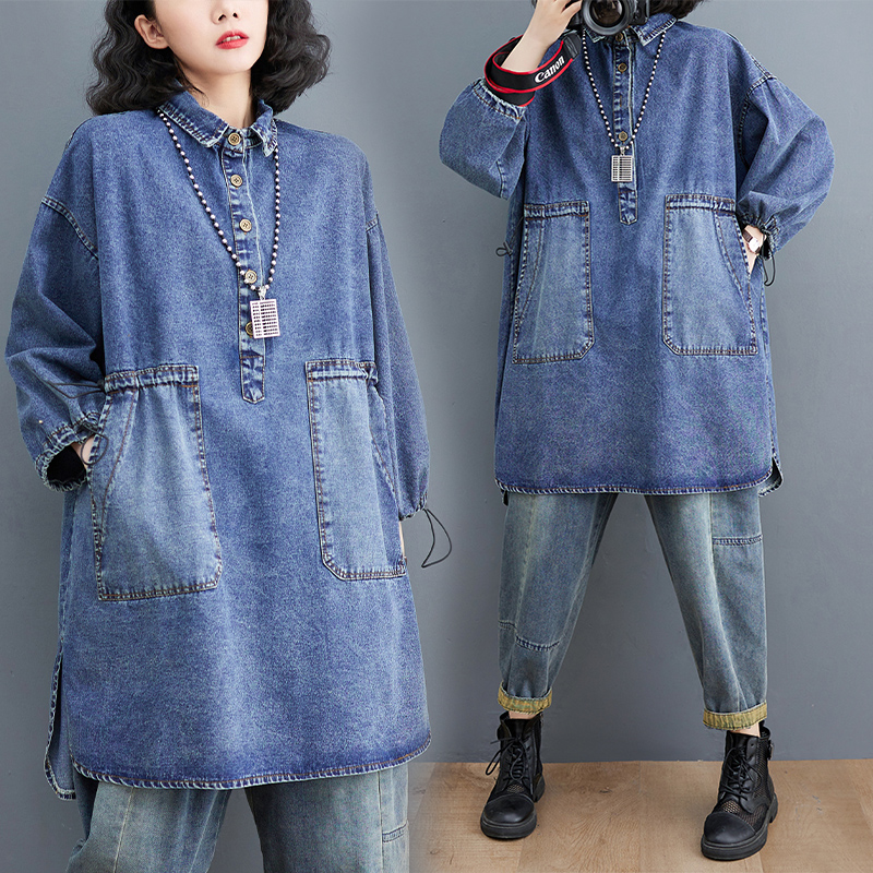 Picture of Spring and Autumn New Denim shirt skirt plus size distressed retro top drawstring large pocket loose meat covering dress
