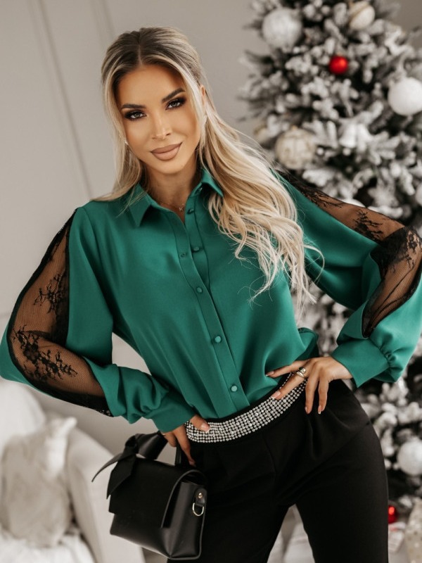 2024 independent station new long sleeve stitching lace button lapel long sleeve loose cardigan shirt shirt
