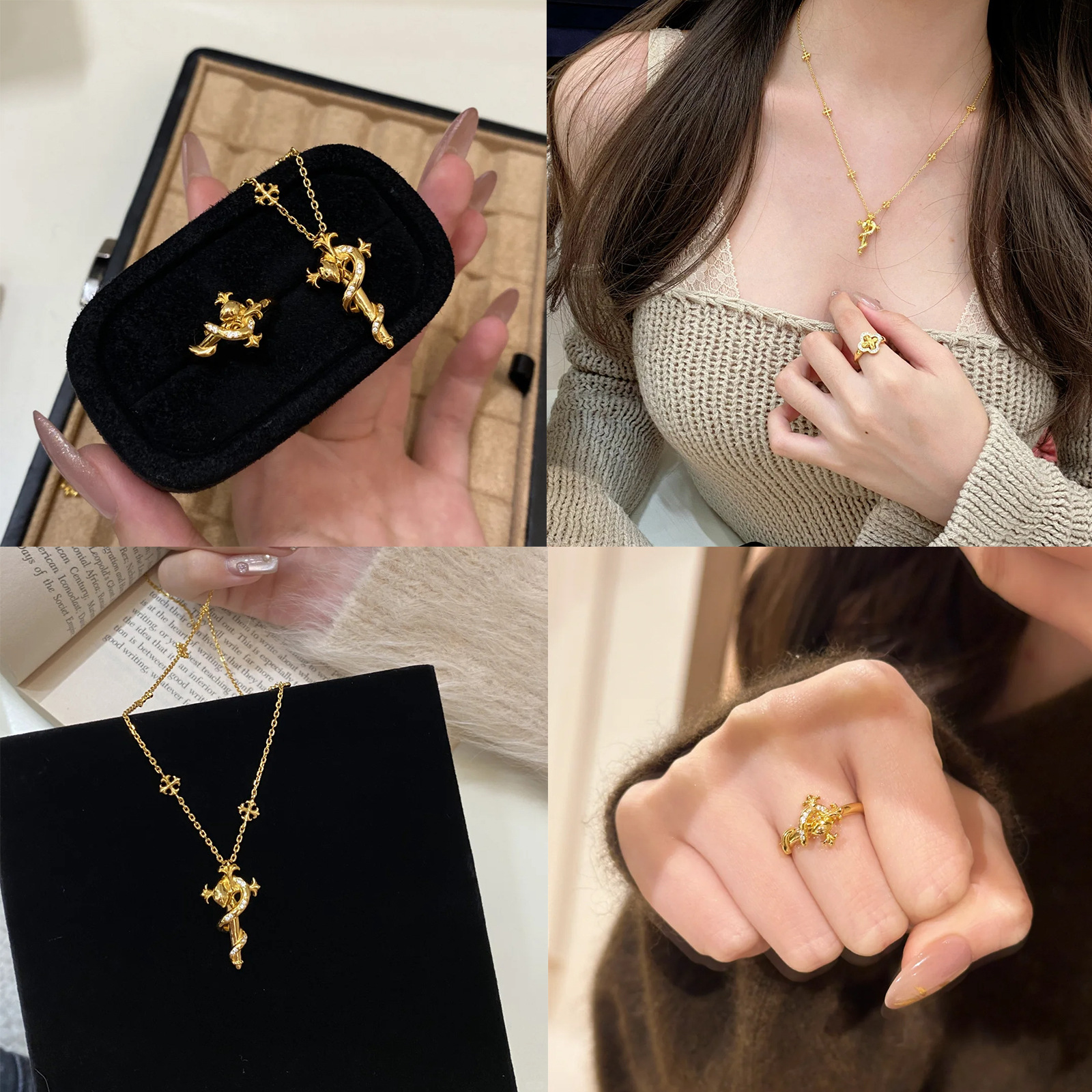 French Retro Scepter Spirit Snake Ring New Chinese Year of the Snake Year of the Snake Set Diamond Iris Flower Spirit Snake Necklace suit Women