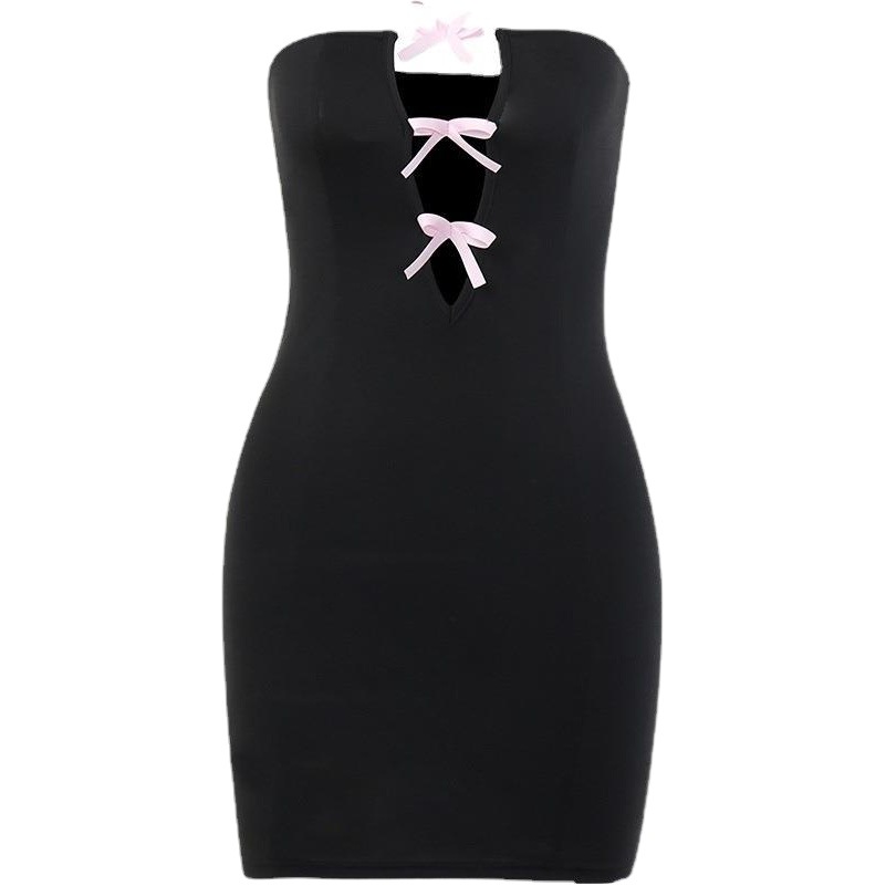 As22090 Temperament Bow Hollow Tube Top Dress European and American Style Sexy Hot Girl Slim Party Hip Skirt