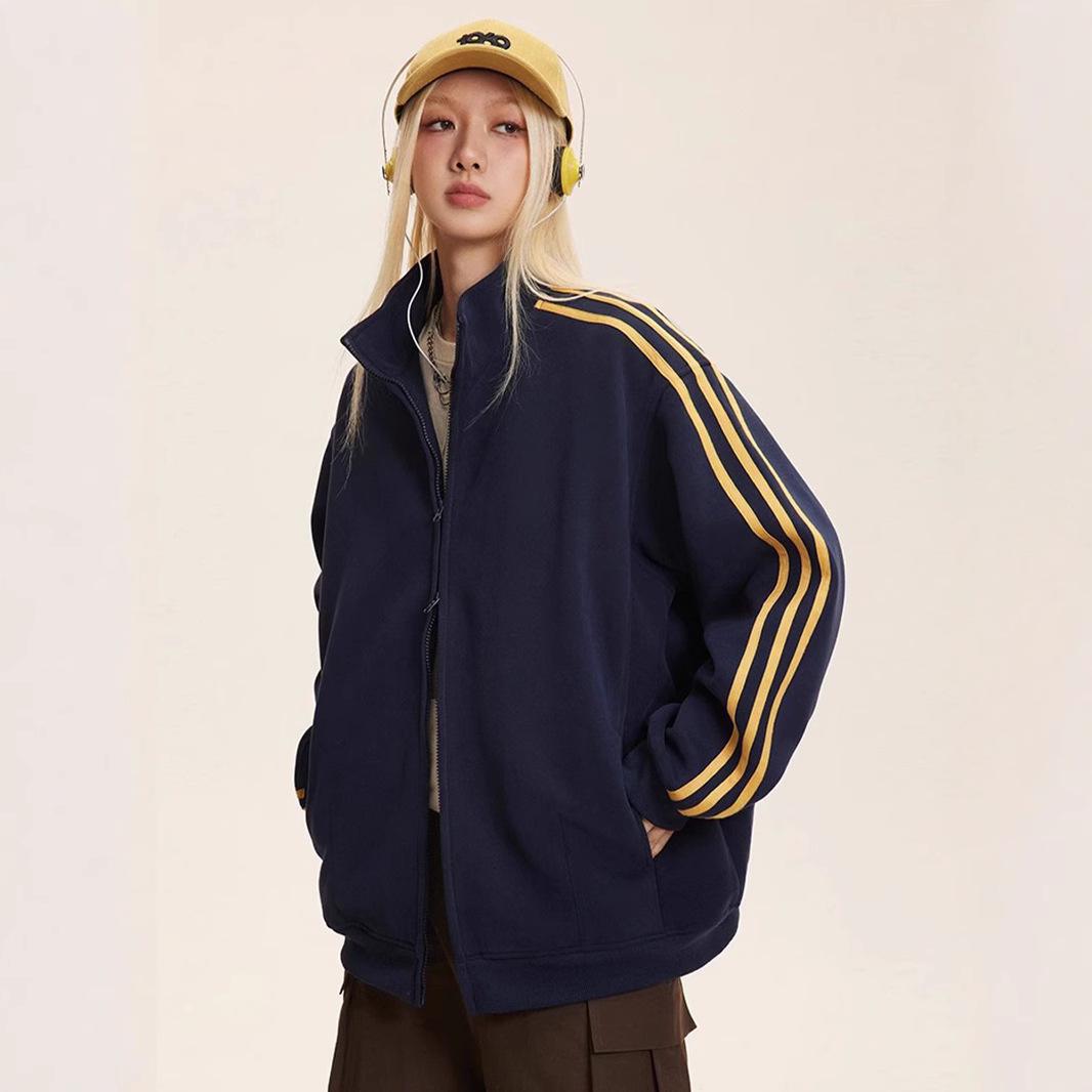 American Style Retro Three-Bar Jacket Men's Autumn Fashion Brand Double Zipper Vertical Collar Jacket Outdoor High Street Casual Couple Top