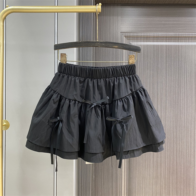 Summer 2024 New French Style Bow Design Pleated High Waist A- line Skirt Slimming Puffy Cake Skirt