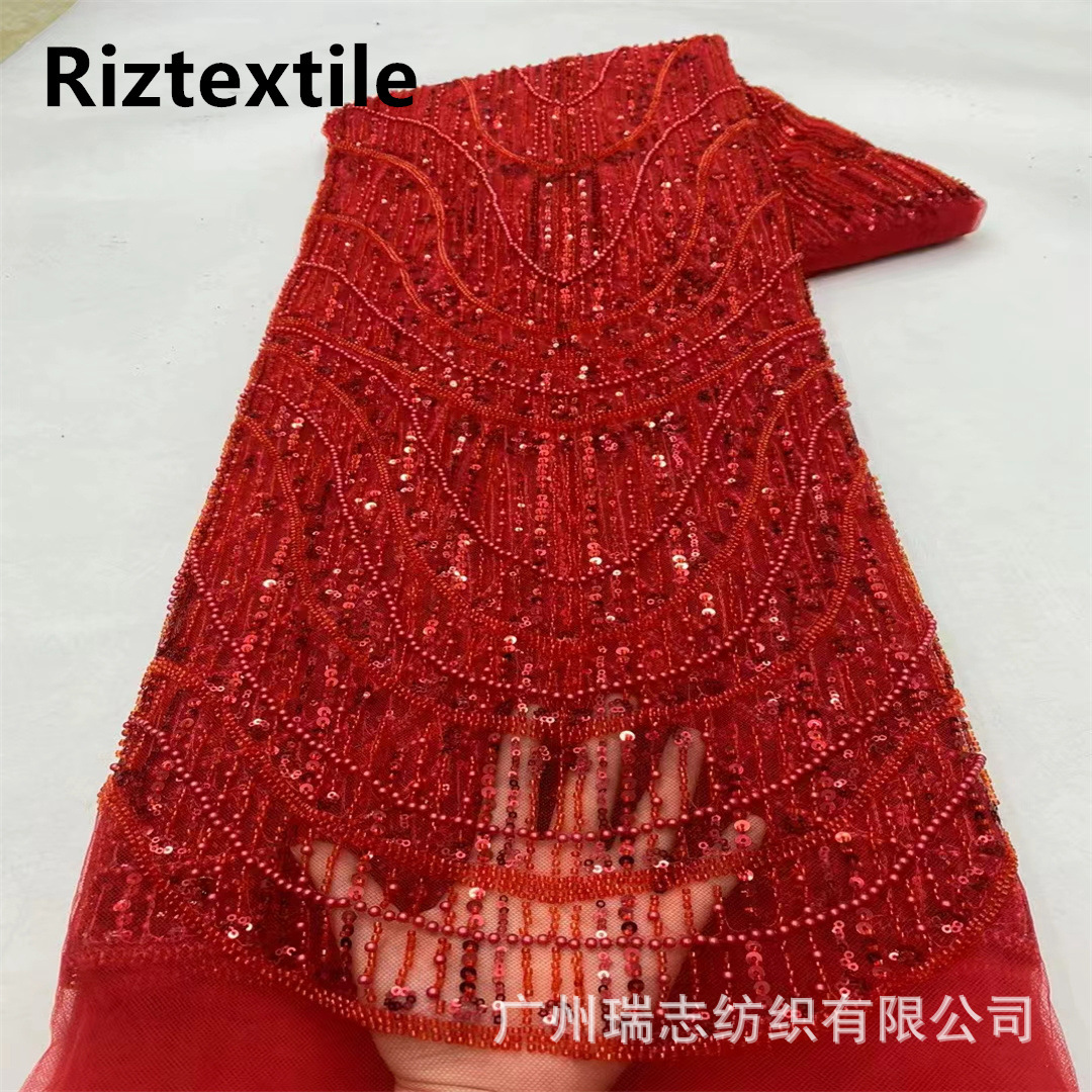 Picture of Cross-border in stock geometric pattern European and American black three-dimensional handmade bead sequin dress dress wedding embroidered fabric
