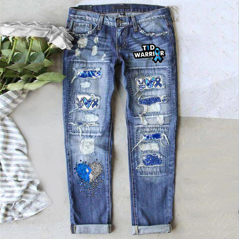 Europe and the United States 2022 new in stock Amazon independent station cross-border street printing hole straight tube Denim trousers women