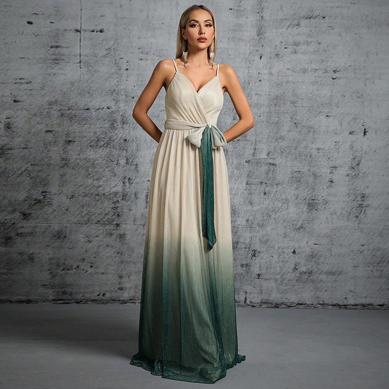 Amazon Ebay Cross-Border Hot-Selling Evening Dress Suspender Backless Sexy Strap Gradient Color Long Dress Dress for Women