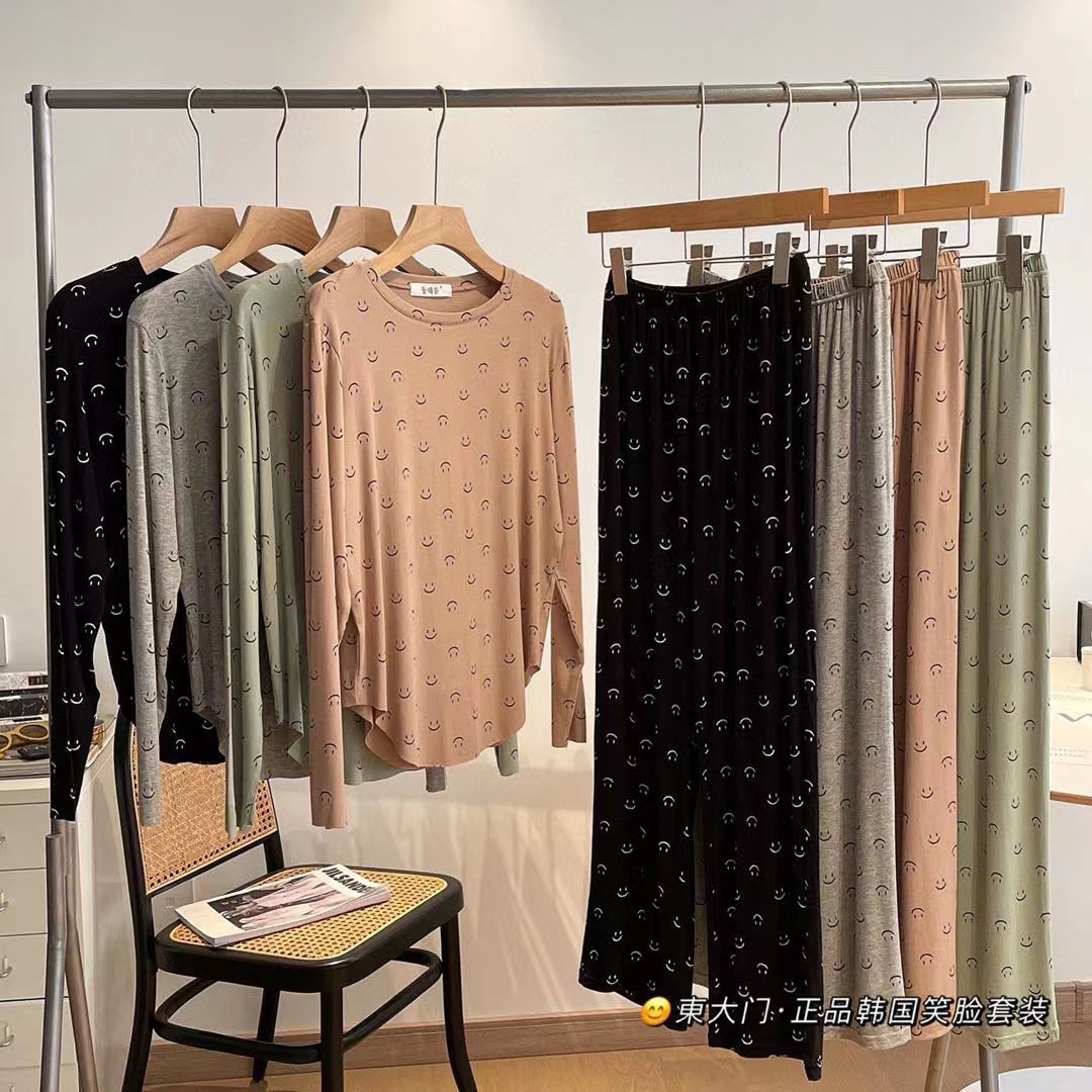 South Korea Dongdaemun Spring and Autumn Korean Style Smiley Pajamas Women's Long Sleeve Suit Pajamas Soft Skin Friendly Sleeping Home Clothes