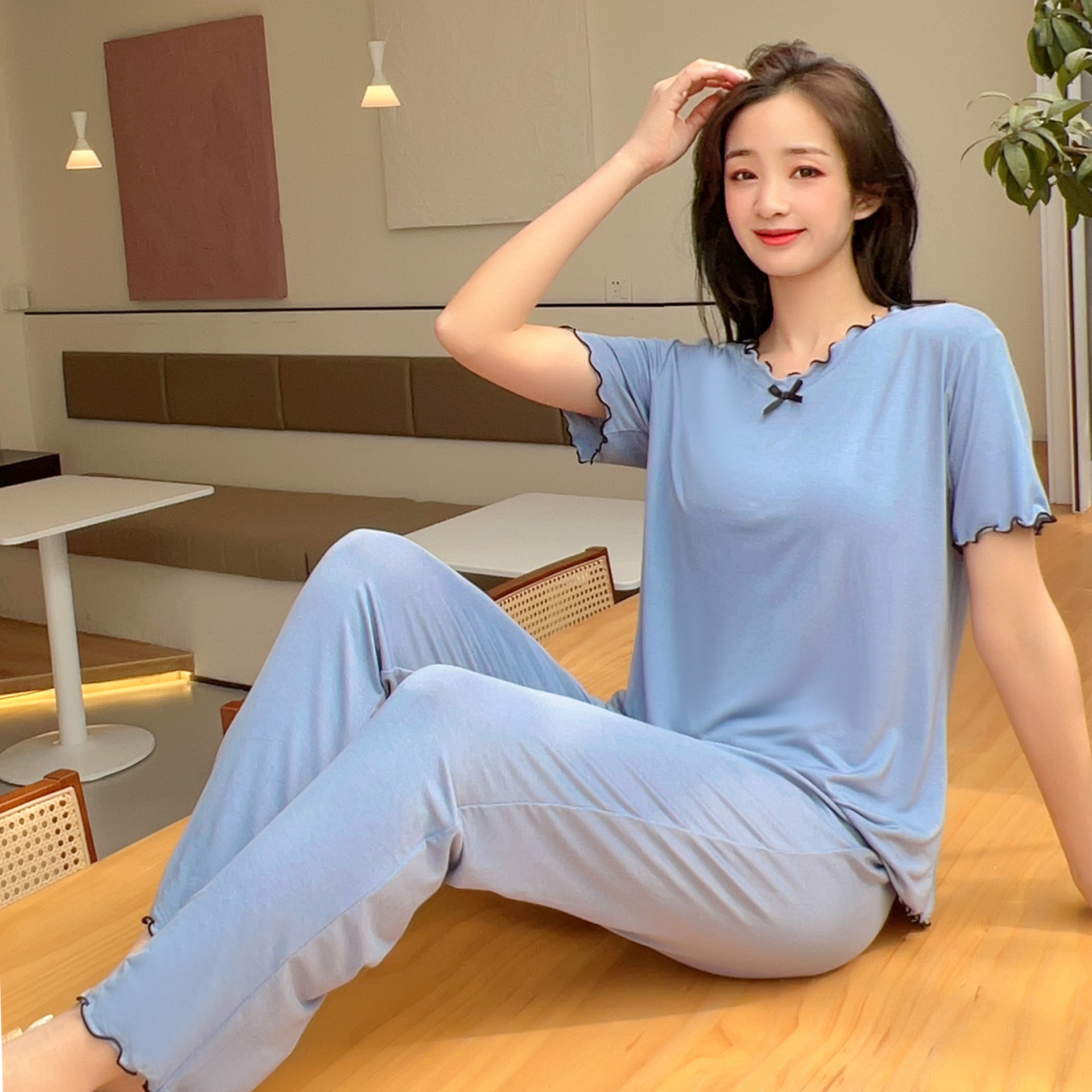Home Clothes Women Can Go Out Casual Wear Spring and Autumn Thin Pullover Trousers Short Sleeve Pajamas Stylish Two-Piece Suit