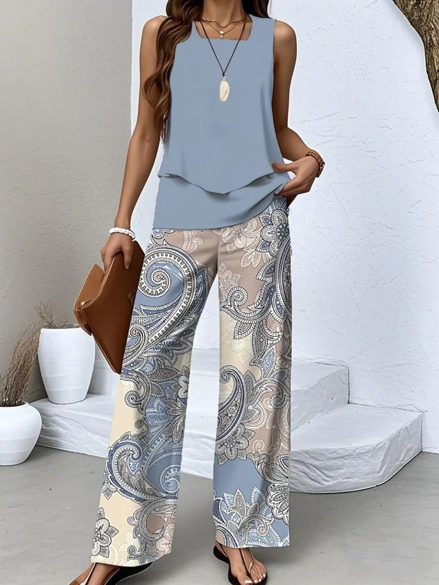 2025 Summer Casual European and American Cross-Border Fashion Printed Sleeveless Double-Layer Vest Pants Set Amazon Hot Sale