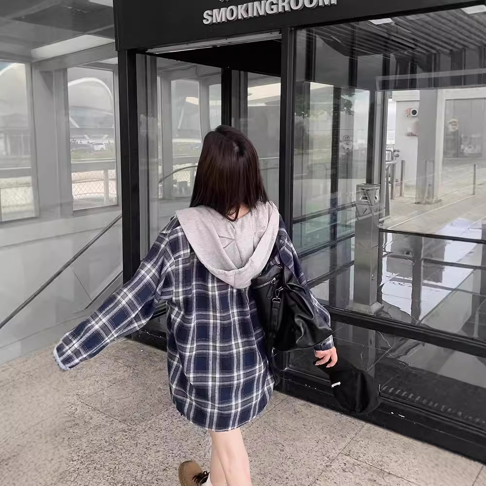 in stock 2025 Spring and Autumn New South Korea East Gate Lazy Casual Loose College Style Hooded Plaid Cross-border Explosions