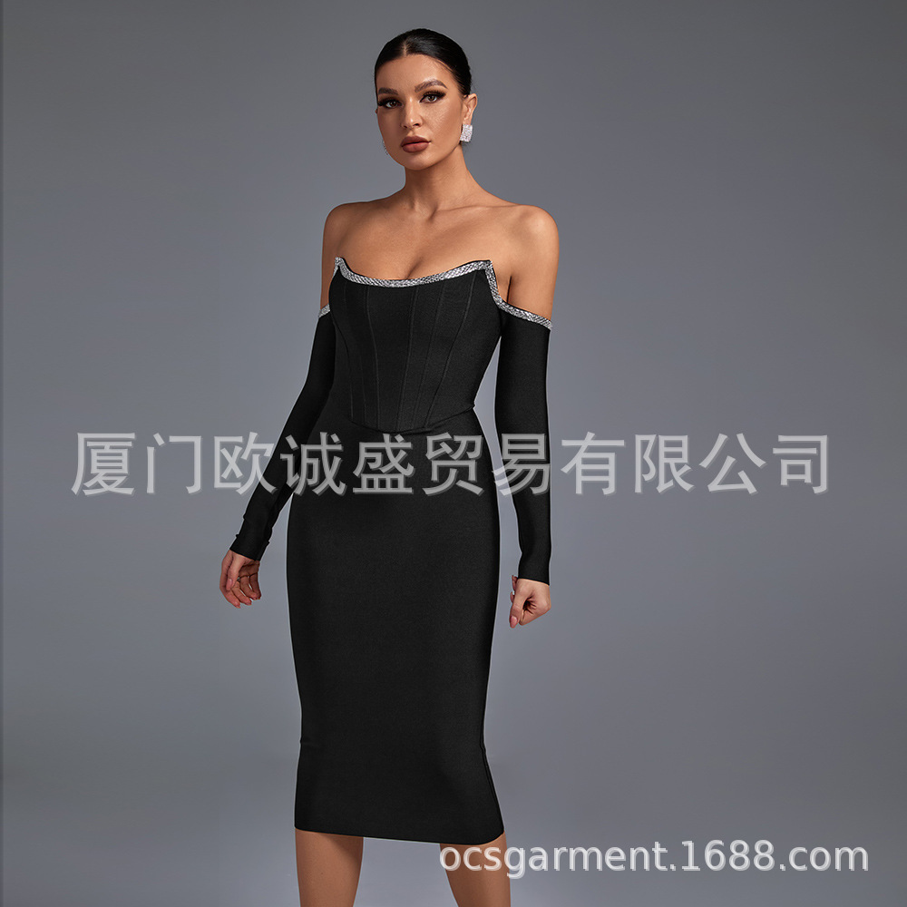 Bandage dress in stock European and American style collar diamond shoulder long sleeve high elastic hip bandage dress