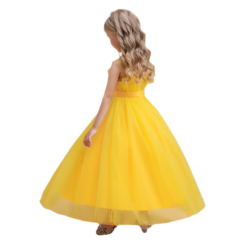 2024 foreign trade dress girls dress host yellow costume mesh gauze puffy gauze flower girl wedding princess dress