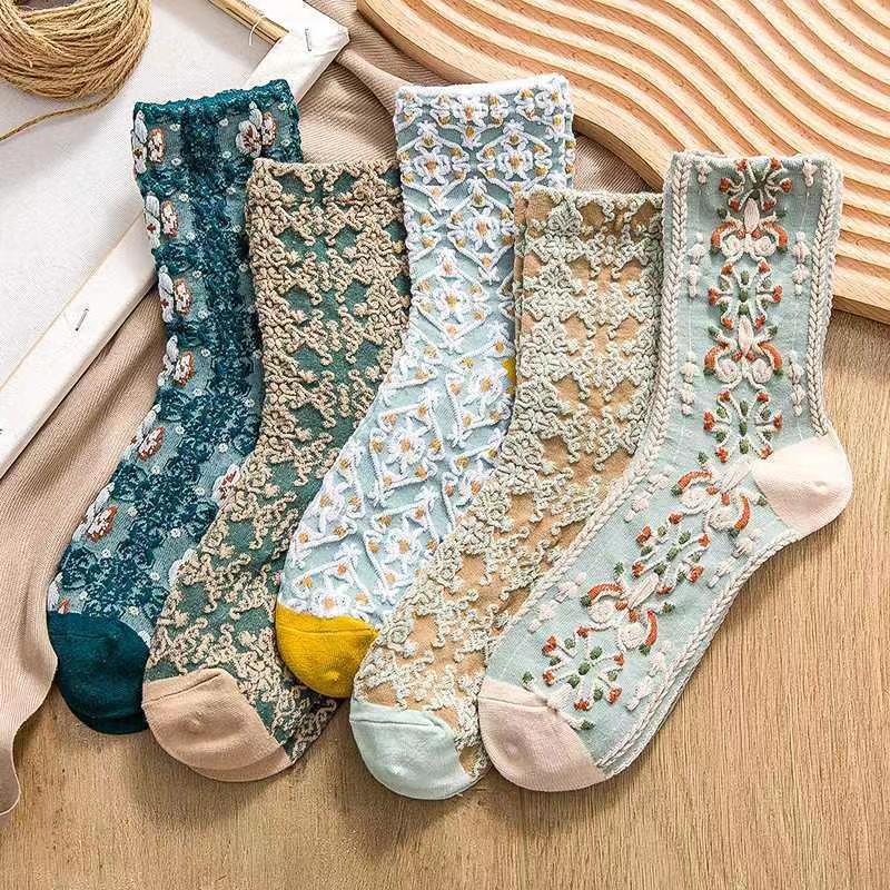 Women's court style vintage mid-calf length socks three-dimensional relief autumn and winter women's socks floral artistic high stockings cotton wholesale