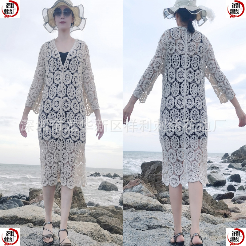 Picture of European and American style women's knitted vest long-sleeved cardigan dress shawl women's heavy work crocheted hollow retro long beach shirt