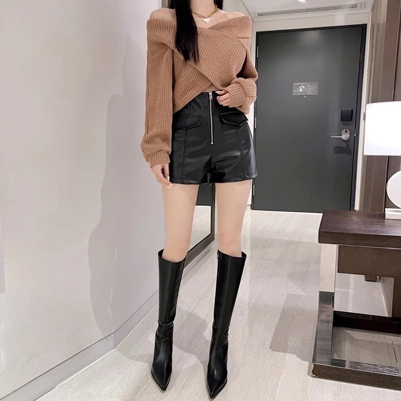 Leather Shorts Women's Autumn and Winter 2022 New Arrival Black High Waist A- Shaped Outer Wear Slimming PU Leather Loose Fashionable Wide-Leg Boots Pants