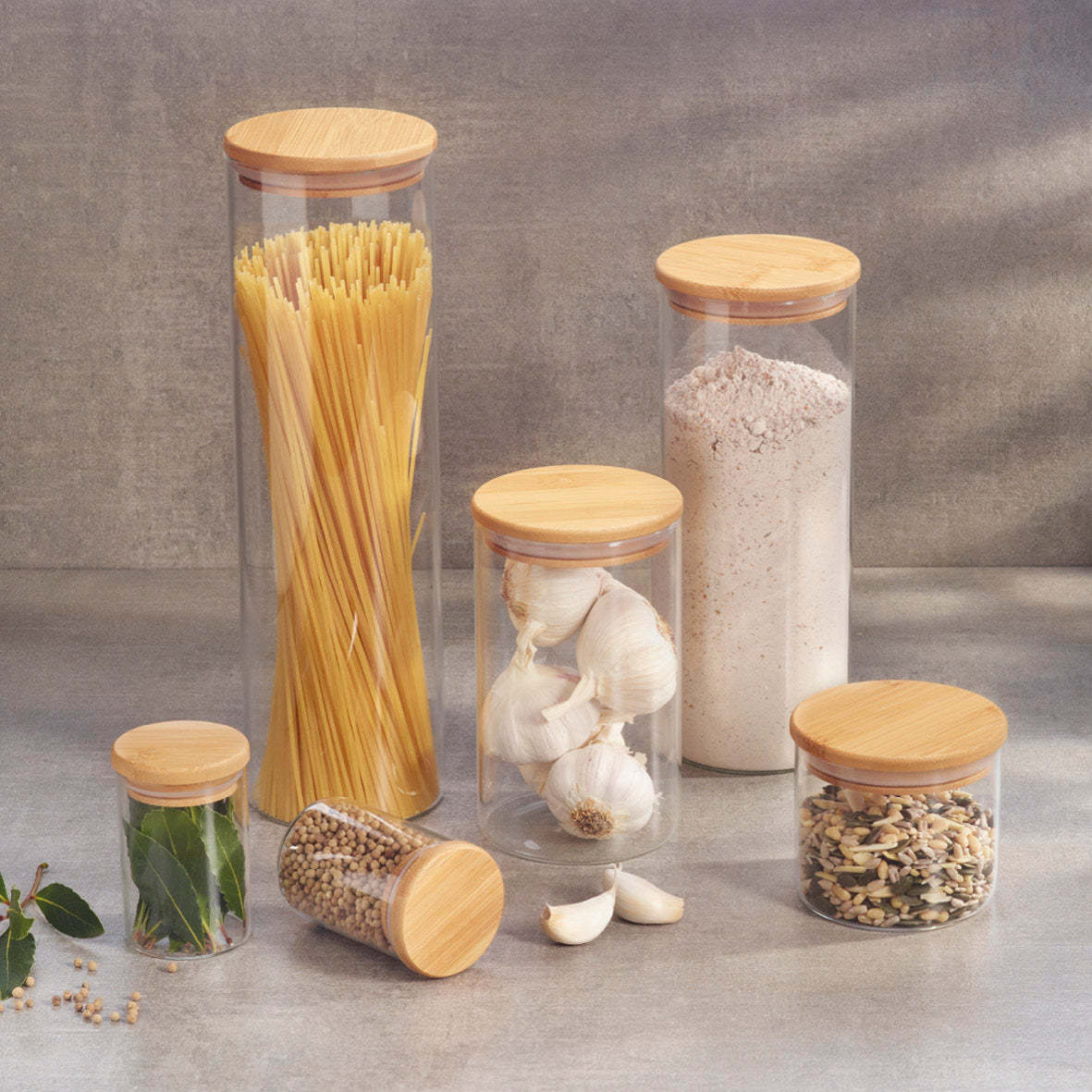 Picture of Cross-border 6-piece set 250ml transparent round glass jar kitchen storage jar seasoning storage jar sealed jar with bamboo lid