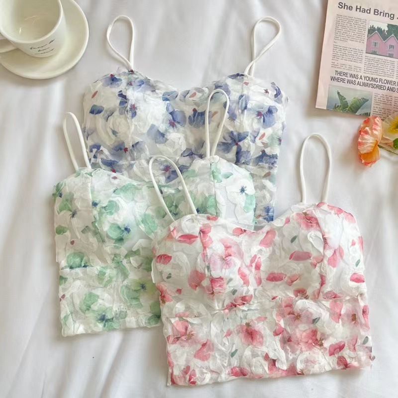 Picture of Small Fresh Floral Sling Outer Wear Tube Top Backless Chiffon Floral Vest Exposed Navel Sweet Short Top