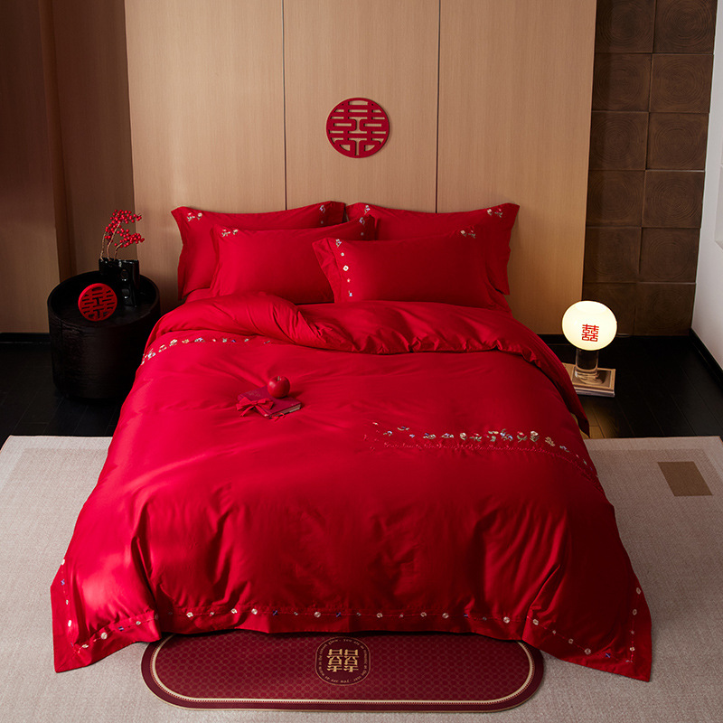 Picture of Flowers bloom and tie wedding class a 60 cotton embroidery red four-piece wedding room bed wedding cotton quilt cover