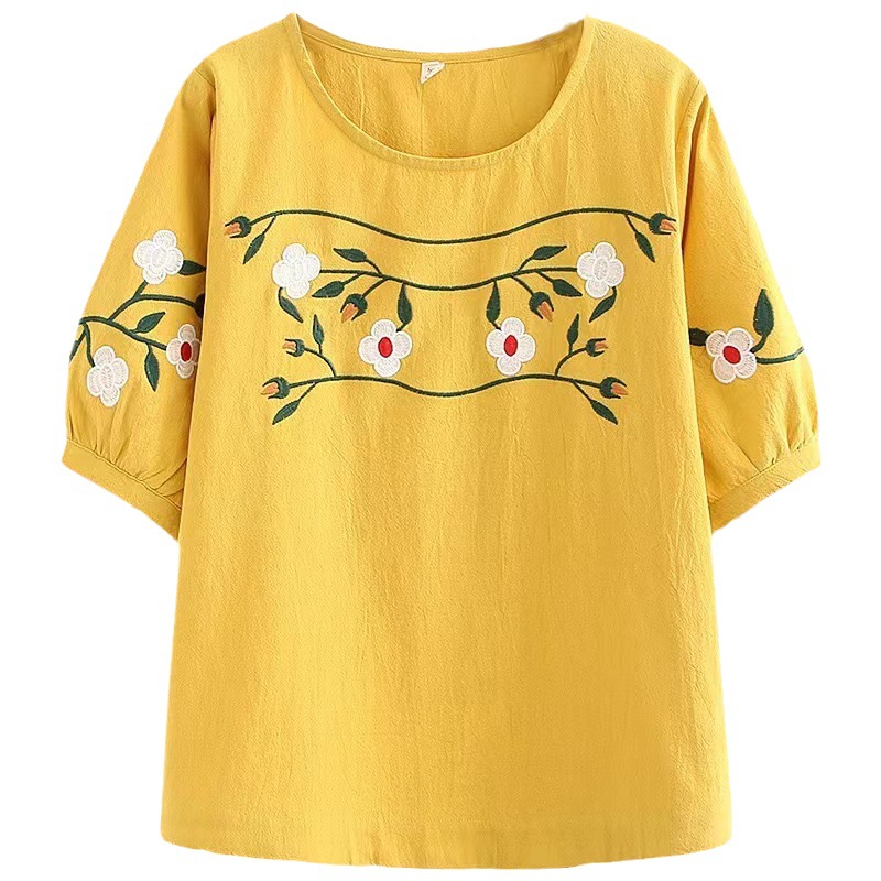 Picture of Women's Artistic Retro Embroidery Summer New Ethnic Style Cotton and Linen plus size Loose Slimming Short-sleeved Meat Covering T-shirt