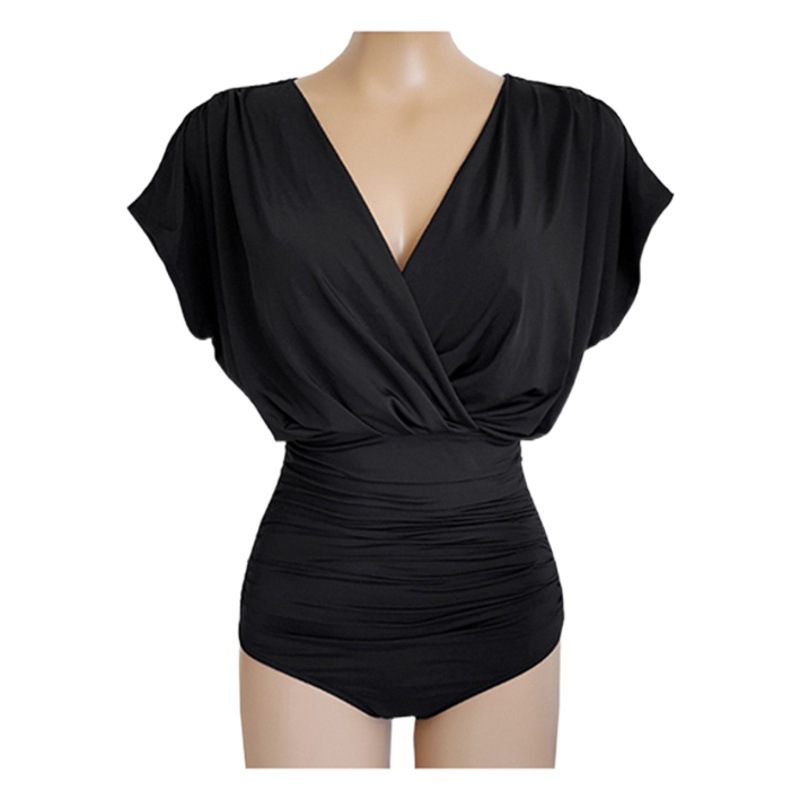 2023 South Korea Dongdaemun New Swimsuit Sexy V-Neck Steel Collar Gathering Belly-Covering Slim Conservative Swimsuit for Women