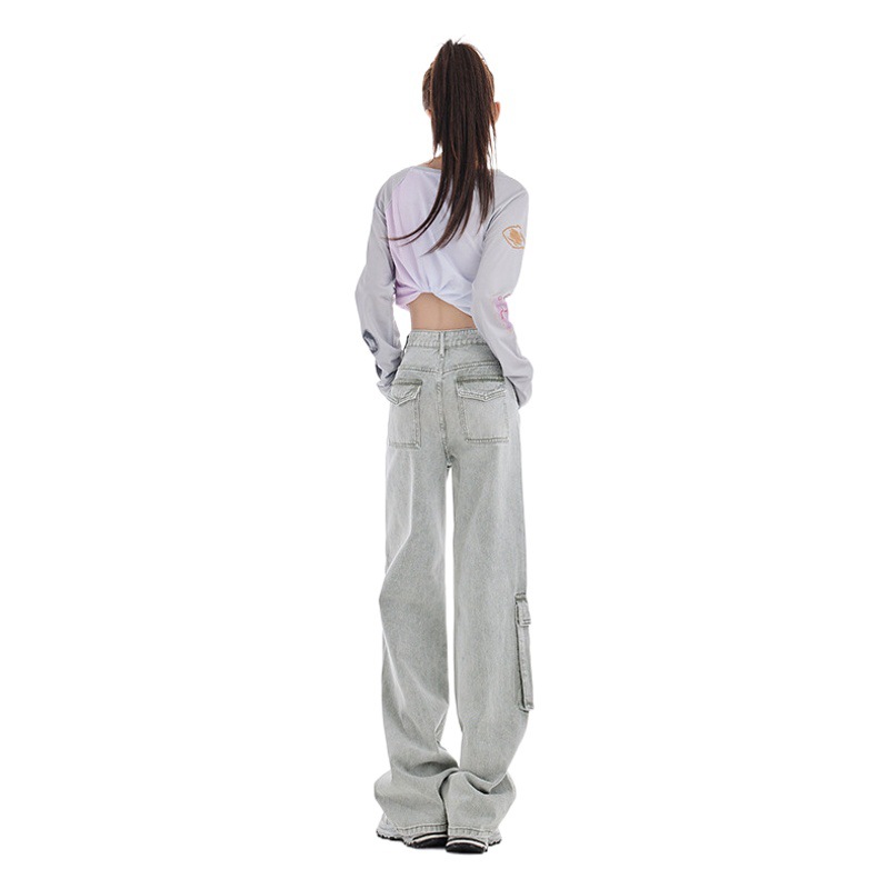 Light Green Work Jeans for Women Summer 2025 New Style Multi-Flap Pocket Pants Drawstring Design High Waist Loose Wide Leg Pants