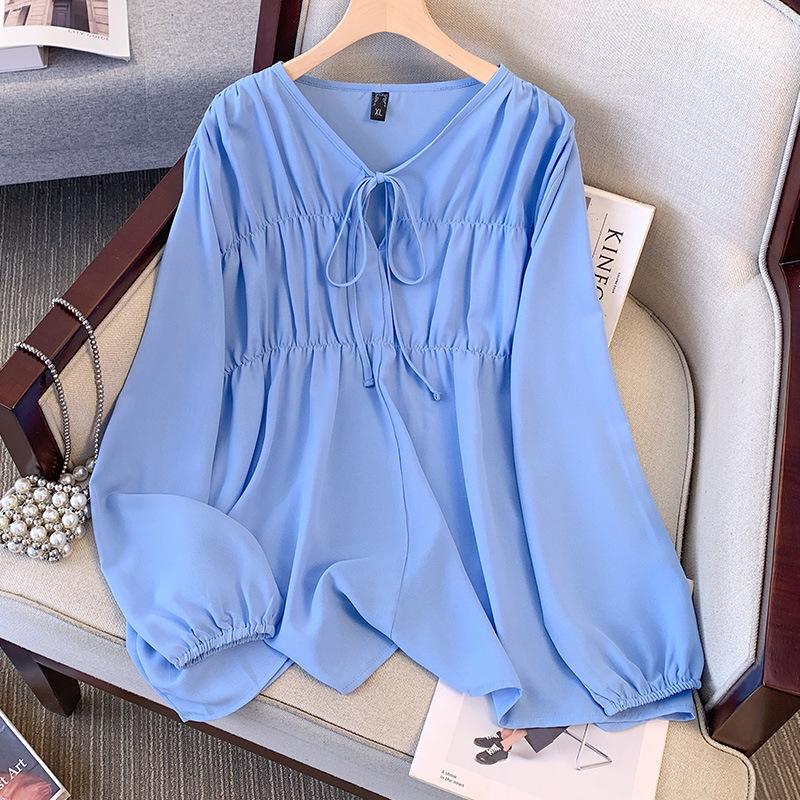 Sweet and spicy 240kg chubby girl plus size coat early autumn new loose chiffon long sleeve strap shirt belly 3431