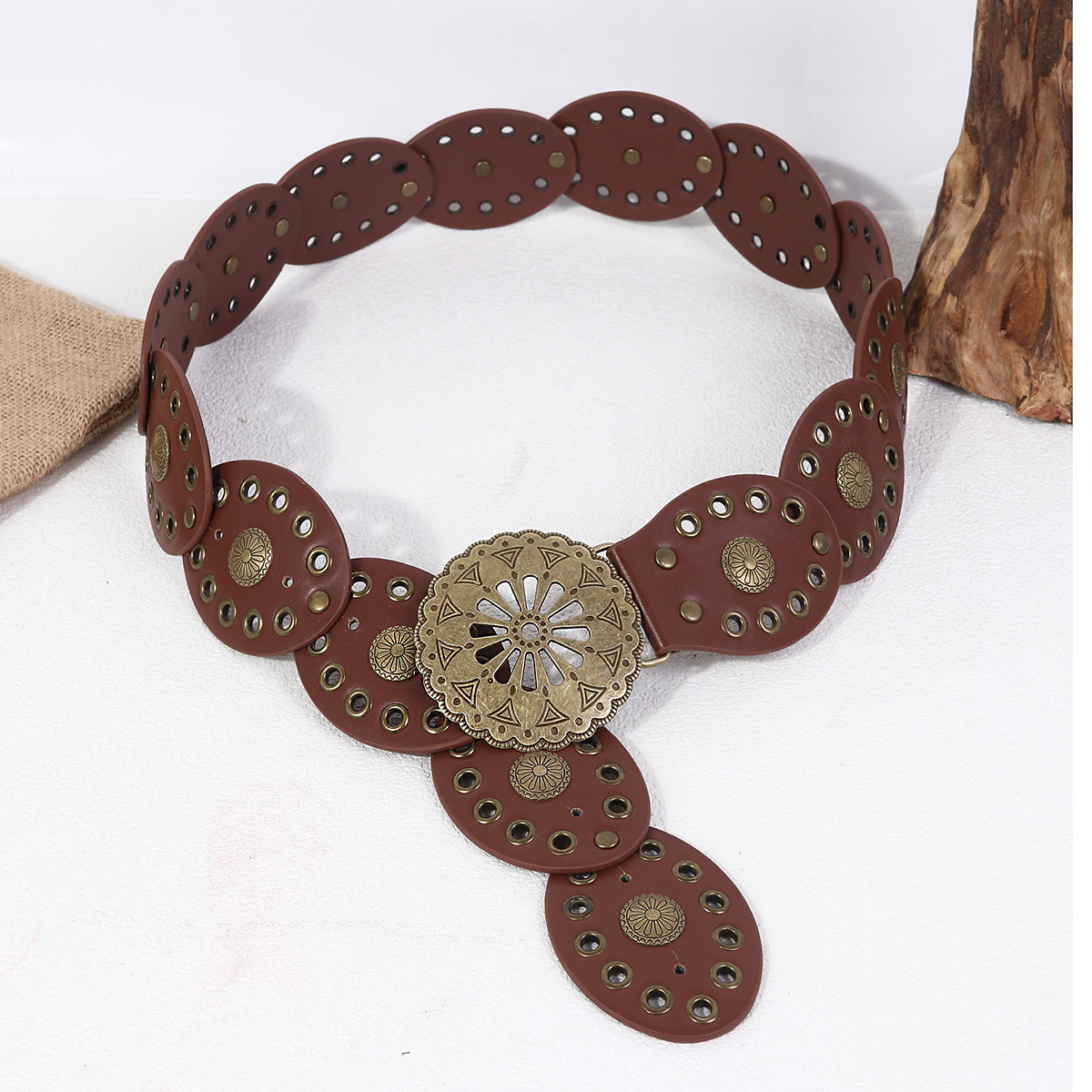 European and American Style Cut Out Round Cake Splicing Ethnic Style Belt for Women Bohemian Wear Girdle Eyelet Retro Belt