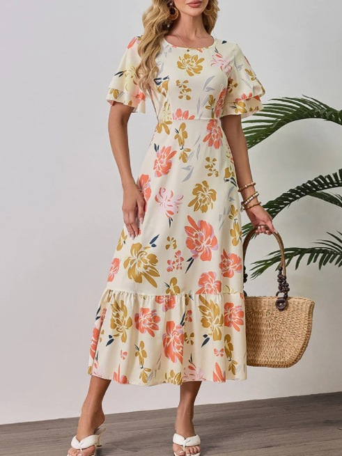 Cross-border Amazon Summer New Elegant Fashion Holiday Beach Ruffle Print Fairy dress