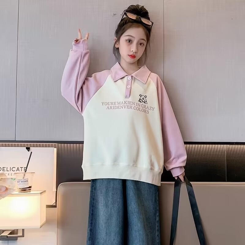 Girls' sweater spring and autumn children's polo shirt Korean autumn color matching bottoming little girl's college style top