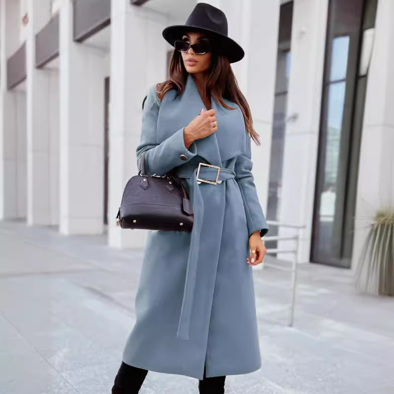 Picture of 2022 independent station wish Amazon new autumn and winter simple long sleeve button v collar strap wool coat women's clothing