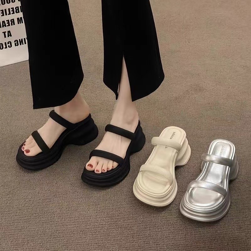Slippers for Women 2025 Summer New Style Black Lightweight Thick Sole Thick Heel One-Word Strap Fashionable Outer Wear Heightening Sandals for Women