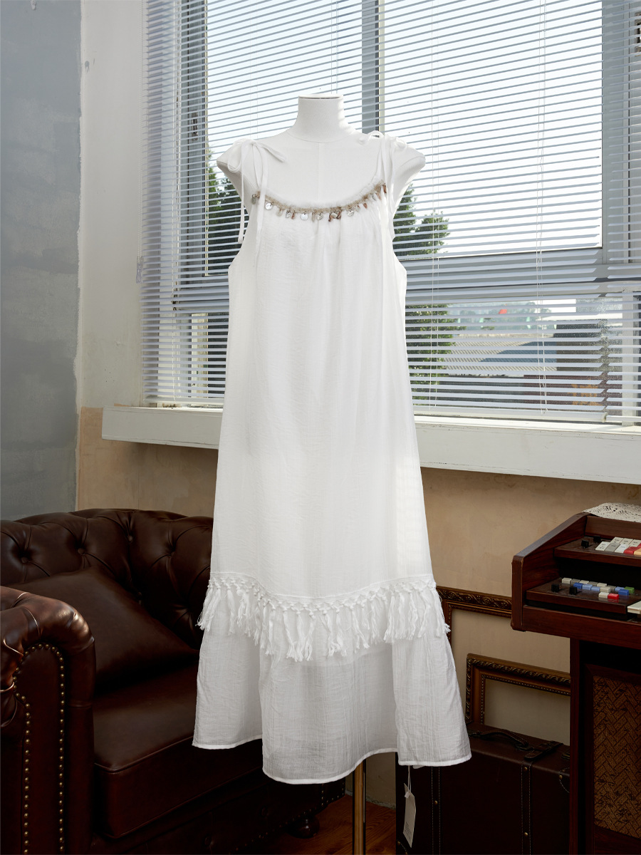Ethnic Style Retro Suspender Dress Sequined Tassel Summer Seaside Vacation Skirt Pleated Draped Skirt Can Be Tie-Dyed