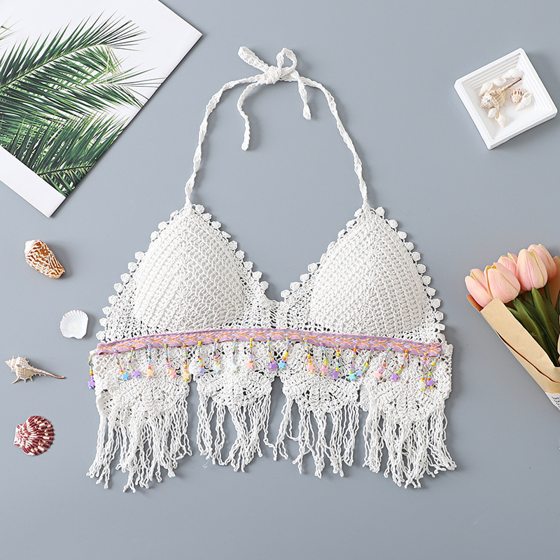 Lace-up knitted vest camisole with chest pad backless hollow tube top embroidered vest women's summer short inner top