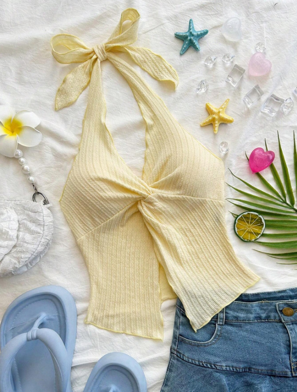 2025 Europe and the United States cross-border new hanging neck hot girl style elegant Mori pure desire bow hanging neck small vest