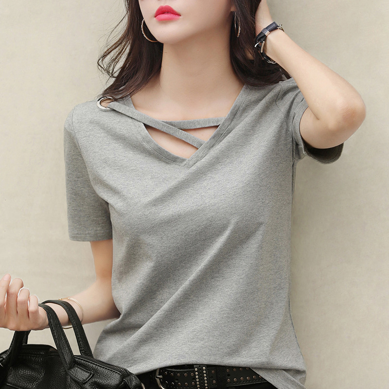 Picture of Short-Sleeved Women's 2025 New Summer White T-Shirt, Women's V-Neck Loose Korean Style Black Top, Casual Ins-Style Trendy Shirt