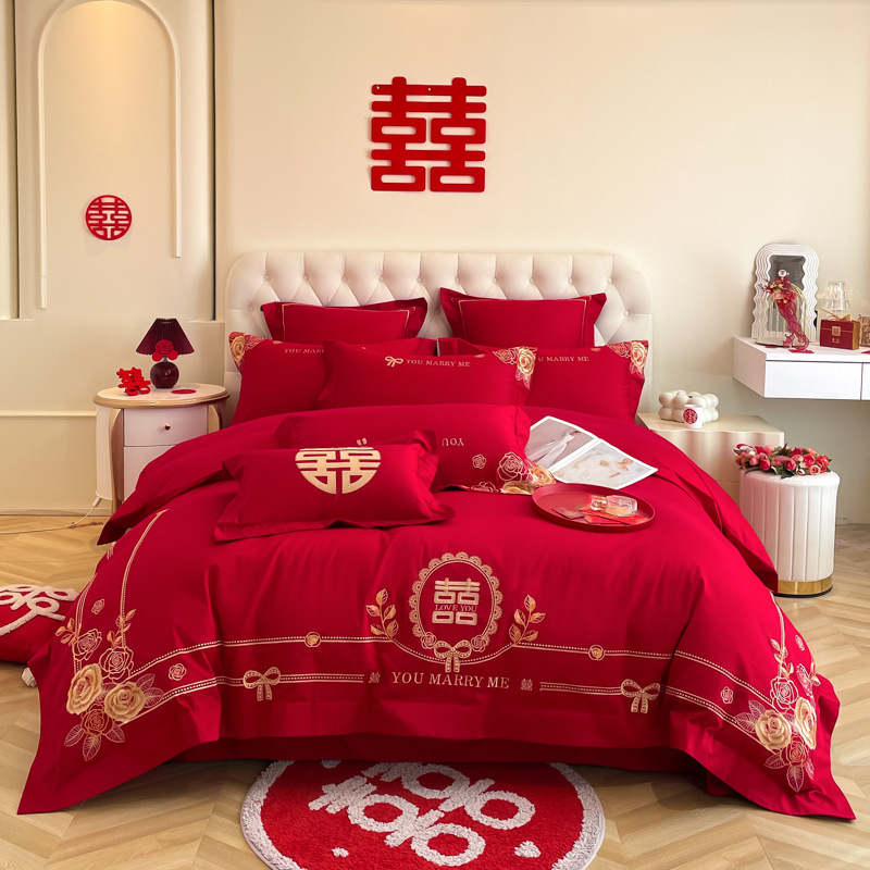 Picture of Y * J Chinese Dragon and Phoenix Embroidery Big Red Wedding Four-Piece Set Wedding Accompanying Cotton Six-Piece Bed Sheet Quilt Cover Bed