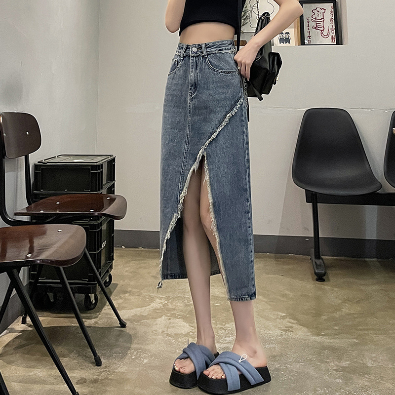 Summer New High Waist Slimming Irregular Split Denim Skirt Retro Fur Edge Design Sense A- word Mid-length Skirt