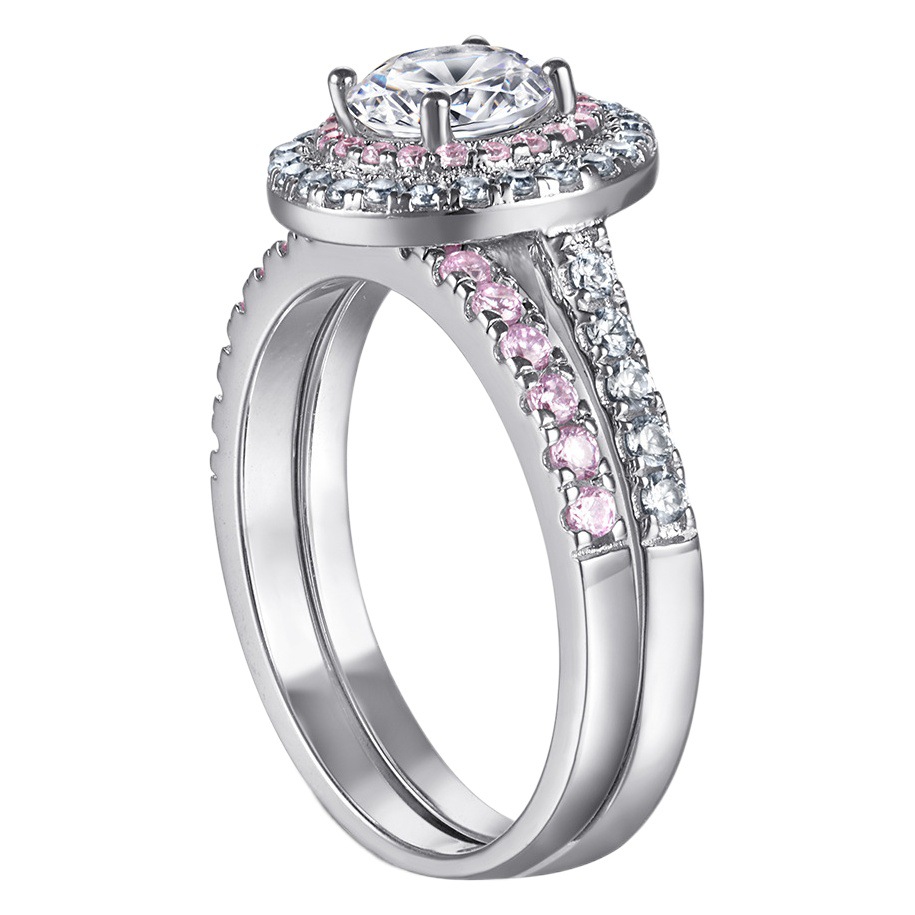 Foreign Trade Ring Set S925 Sterling Silver Ring Set Female European and American Round Pink Zircon Cross-Border Amazon Popular Set Ring