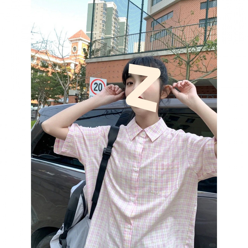Japanese Hong Kong Style Sweet Pink Plaid Short-Sleeve Shirt for Men and Women, Summer High-End Design Petite Top Jacket