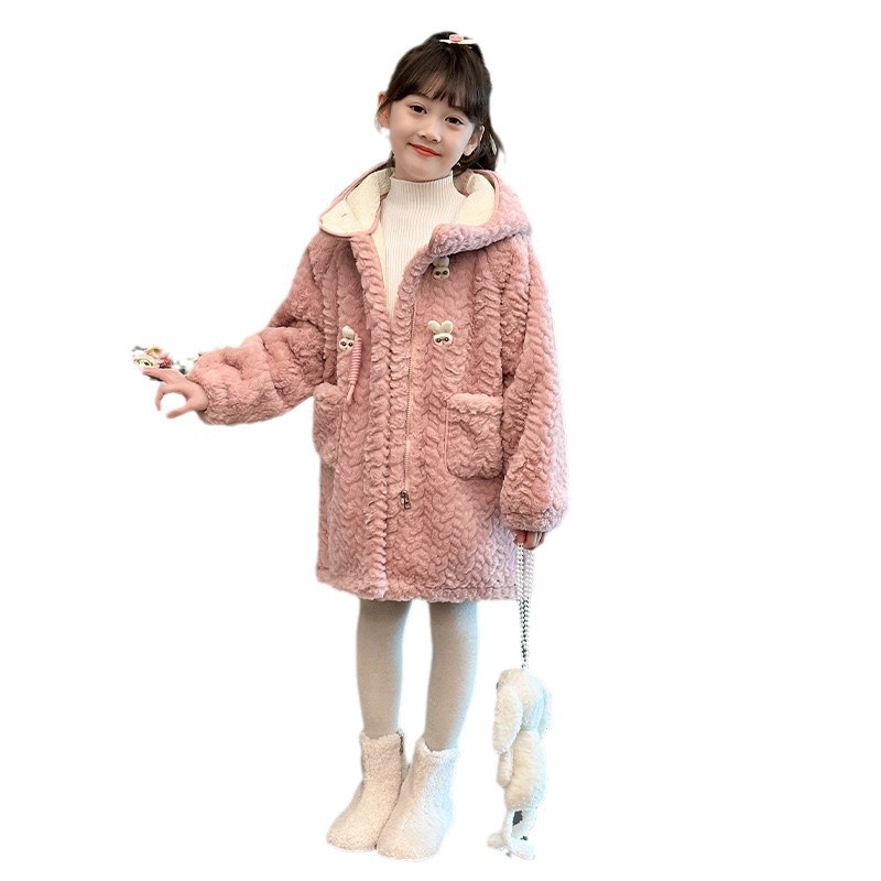 Picture of Girl's Fluffy Sweater Mid-length Cotton-padded Coat Winter New Style Girl's Stylish Fashionable Hooded Thickened Cotton-padded Coat