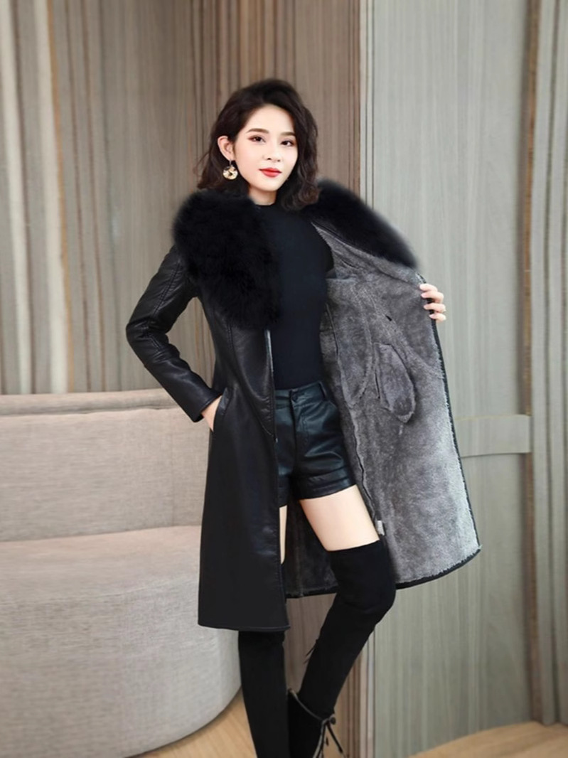Picture of [Noble Light Luxury] Korean Women's Winter fleece-lined Fur Coat Mid-length Slim-fit Strap Large Fur Collar Leather Coat