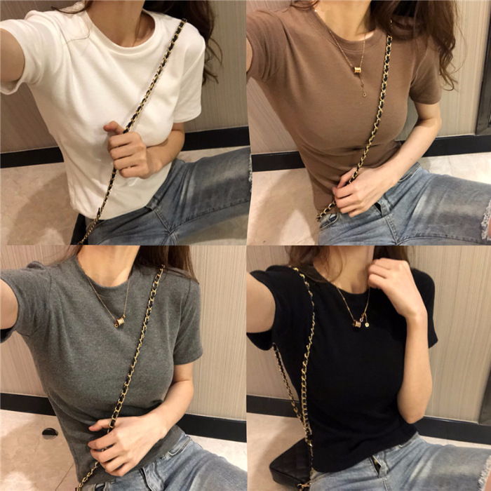 2025 Spring Cross-Border Western-Style Bottoming Shirt, Fashionable Korean Chic Retro Round Neck Basic Short-Sleeved T-Shirt for Women