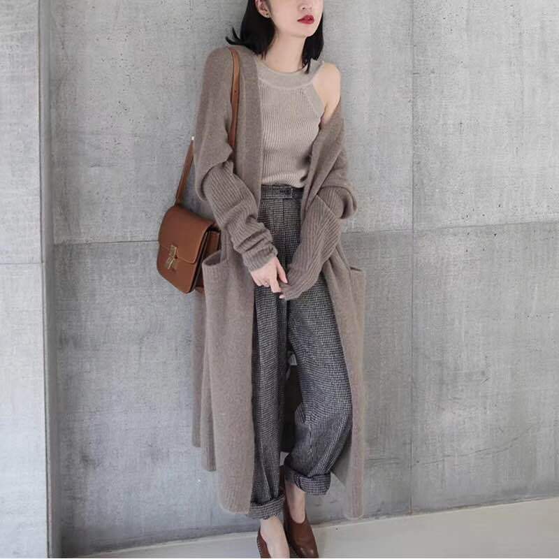 2024 Spring New Mid-Length Knitted Cardigan Loose Long Sleeve Sweater Jacket for Women