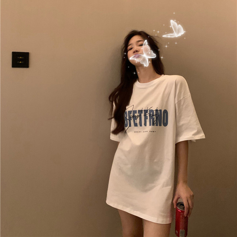 Picture of White T-shirt Women's Spring and Summer 2025 New Korean-style Hong Kong-style Retro Printed Middle-length Top Base Shirt for Students