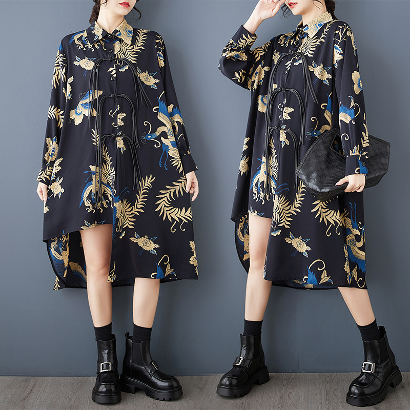 Real shot 2025 spring and autumn new loose fashion printing irregular stitching long buckle women