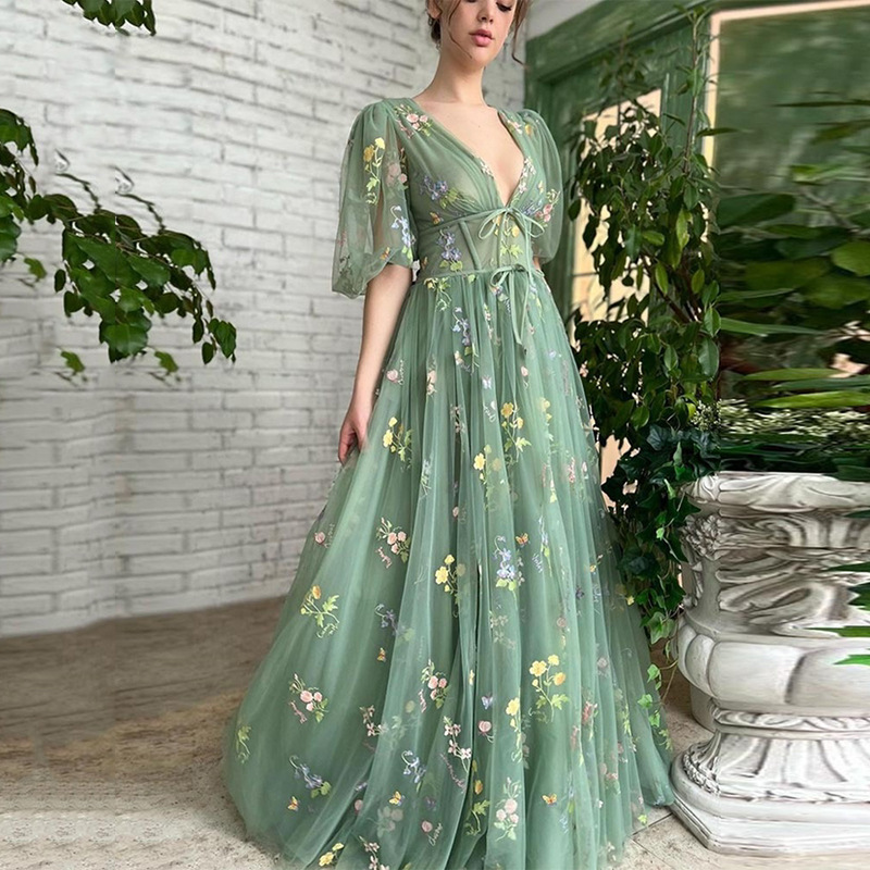 Picture of European and American hot evening dress foreign trade cross-border Amazon hot party lace embroidered A- line lace long jumpsuit
