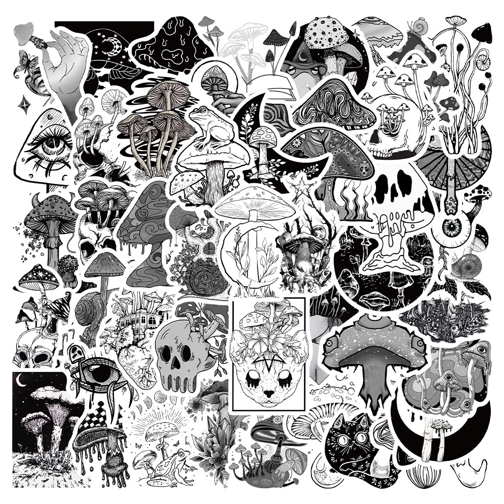 50 Gothic black and white horror mushroom graffiti stickers trolley case guitar skateboard hand account Halloween stickers